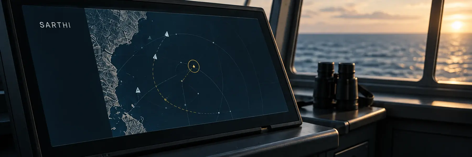 Illustrative maritime decision-support console on a ship’s bridge.